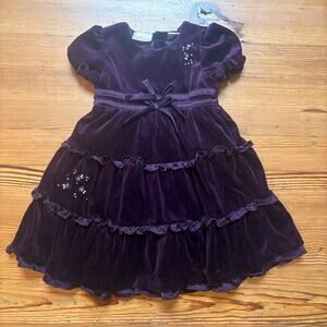 Little Bitty purple velvet short sleeve floral embroidered tiered dress SIZE 3T